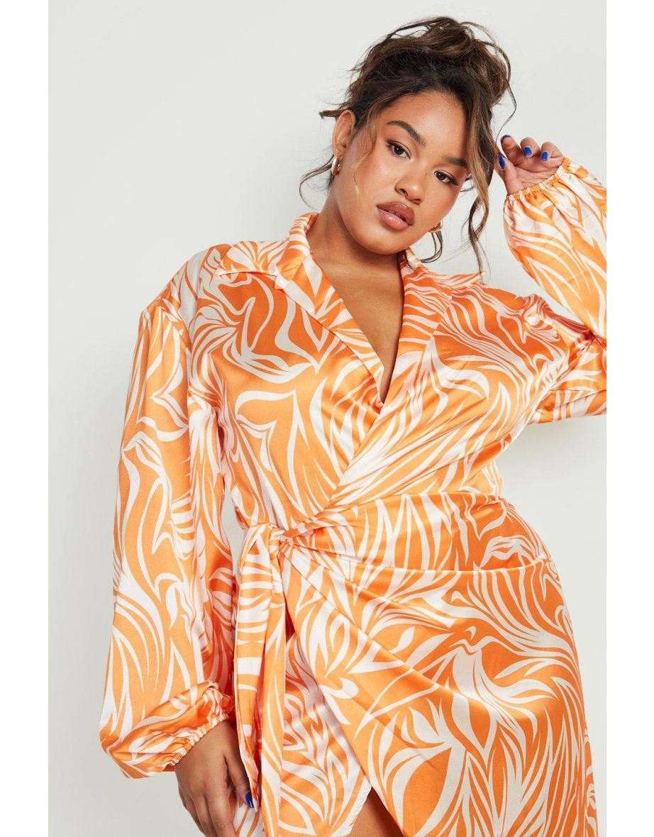 Plus Zebra Satin Wrap Midi Dress - orange - 3