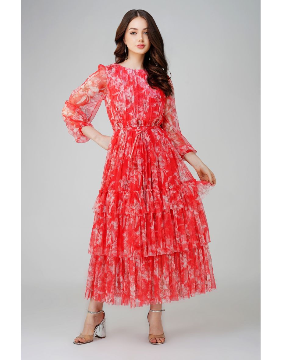 Shop Rebecca Midi Dress in Red Print Online in Qatar VogaCloset