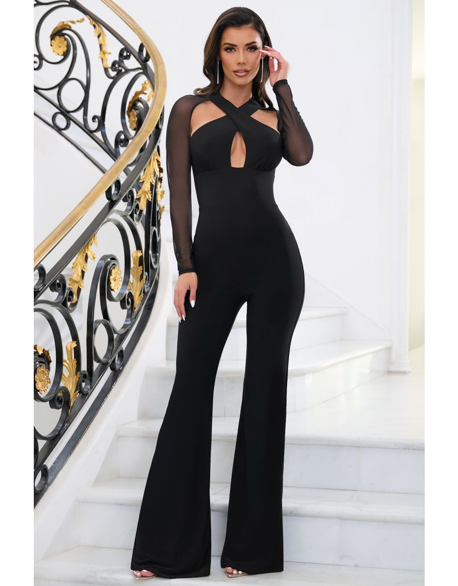 Show Up | Black Wrap Front Jumpsuit With Mesh Sleeves - 2