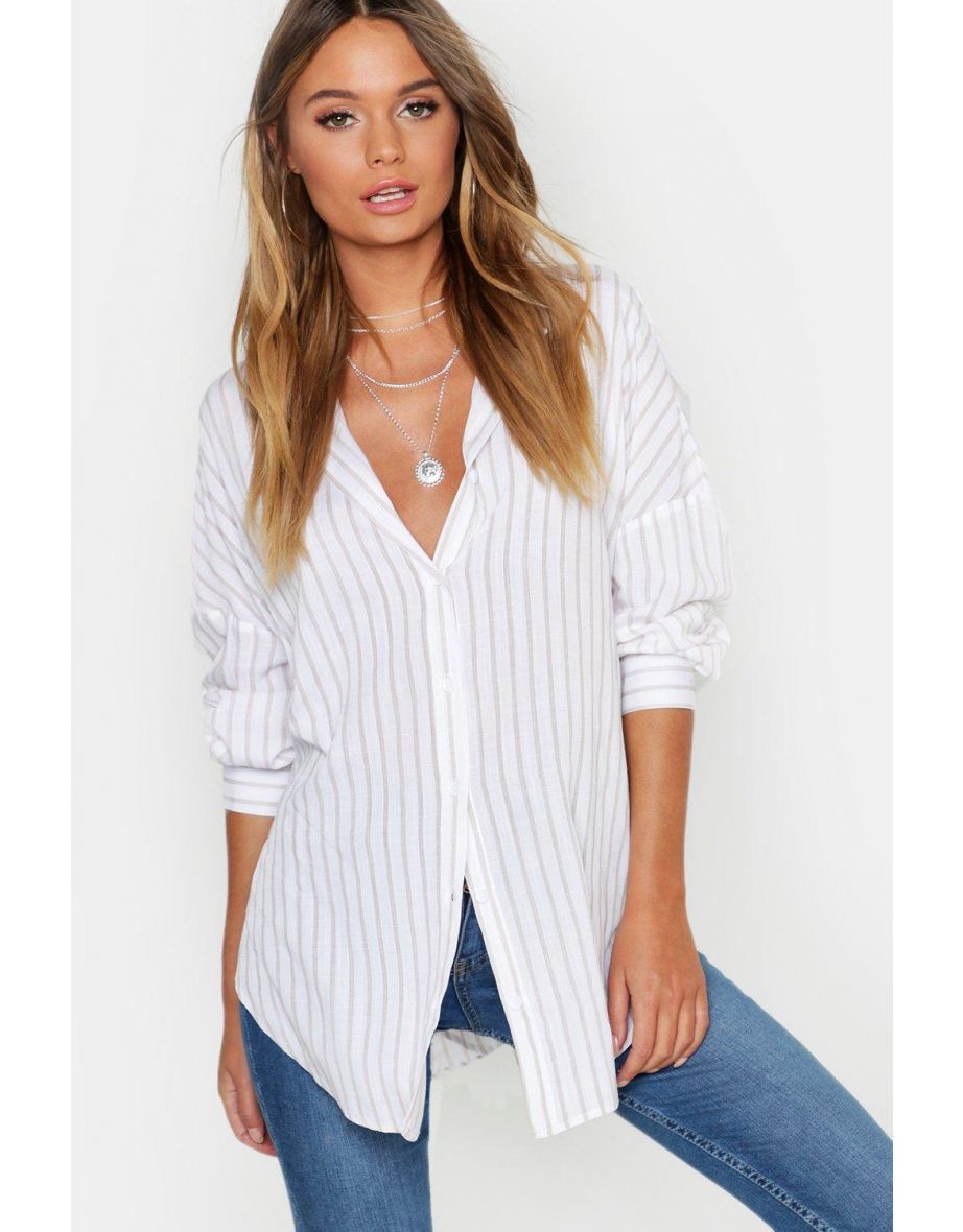 Oversized Split Side Cotton Feel Stripe Shirt - beige