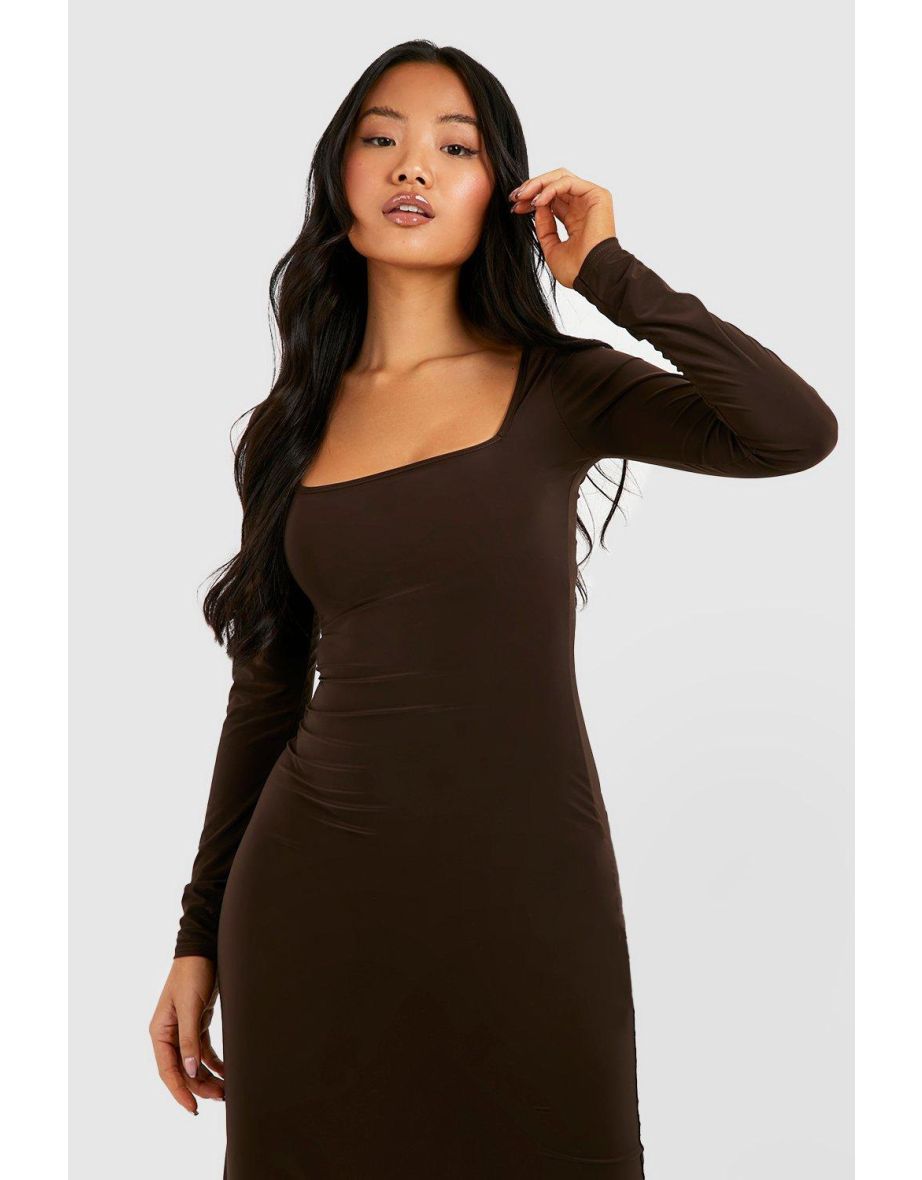 Petite Long Sleeve Square Neck Slinky Maxi Dress - chocolate - 3