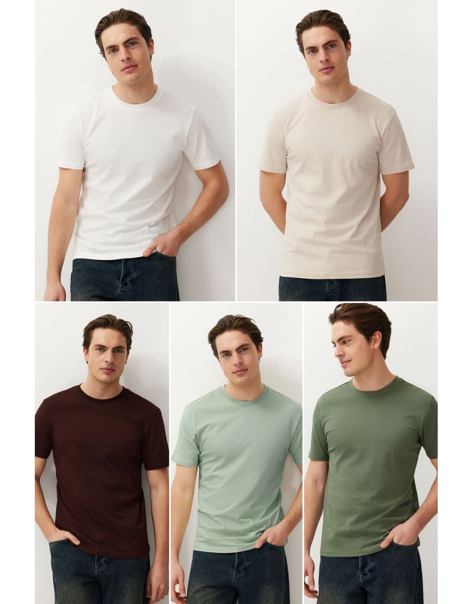 5-Pack Mint-Khaki-Brown Slim/Slim Fit Basic 100% Cotton T-Shirt