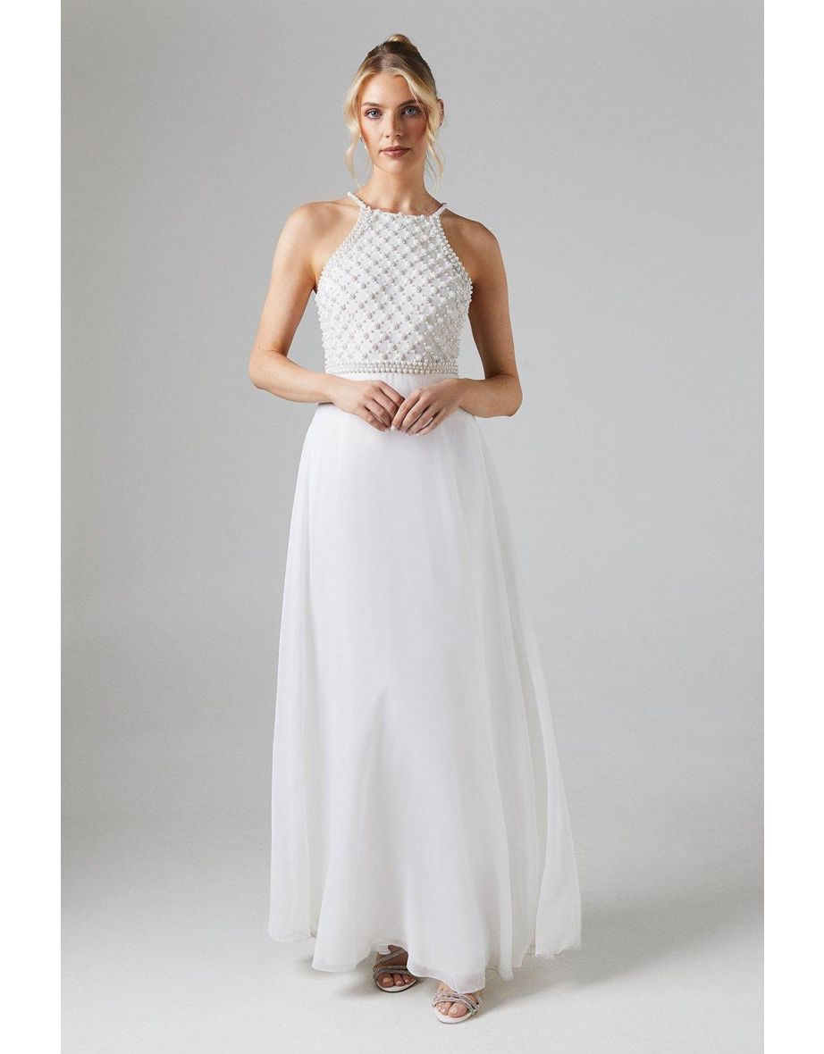 Halterneck Pearl Embellishment Georgette Wedding Dress