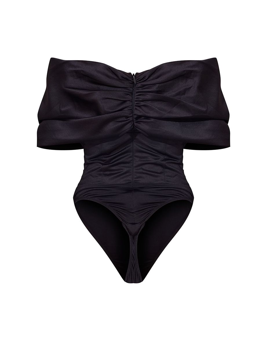 Black Satin Structured Bardot Bodysuit - 4