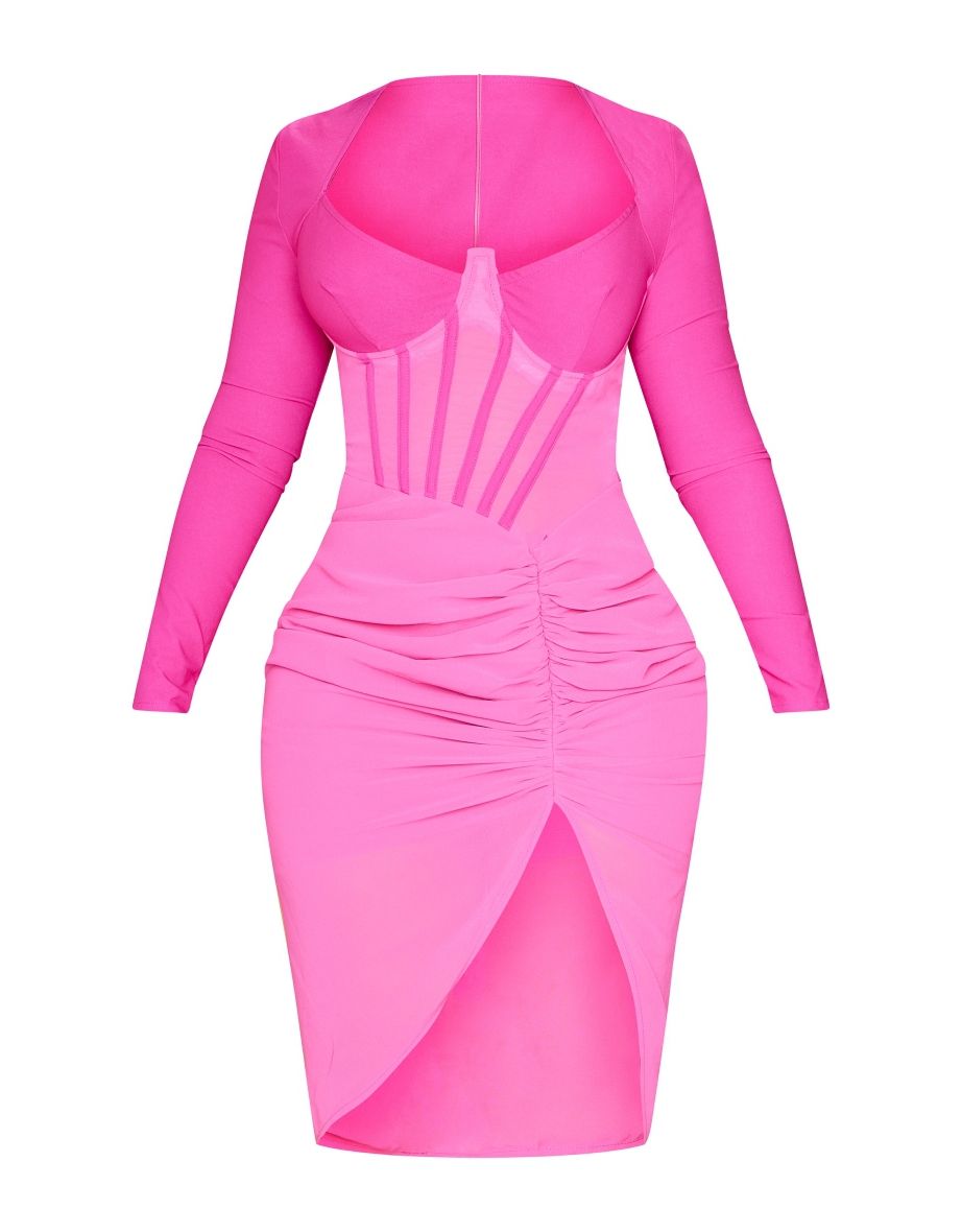 Shape Hot Pink Corset Detail Long Sleeve Ruched Midi Dress - 4