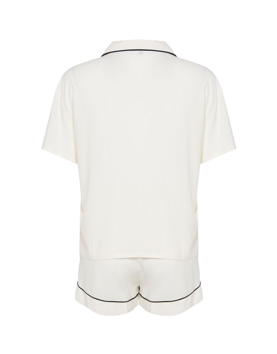 White Piping Detailed Viscose Shorts Woven Pajama Set - 6