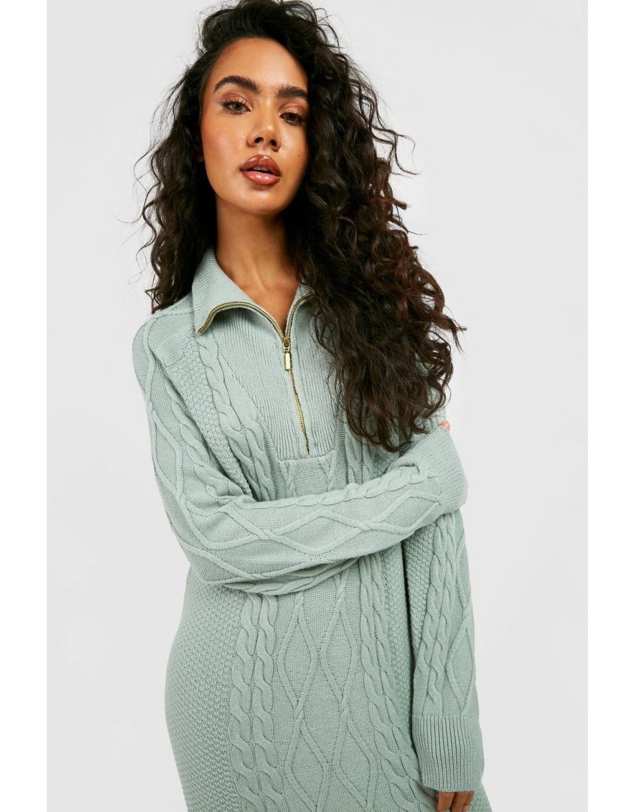 Cable Knit Half Zip Collared Jumper Dress - sage - 3