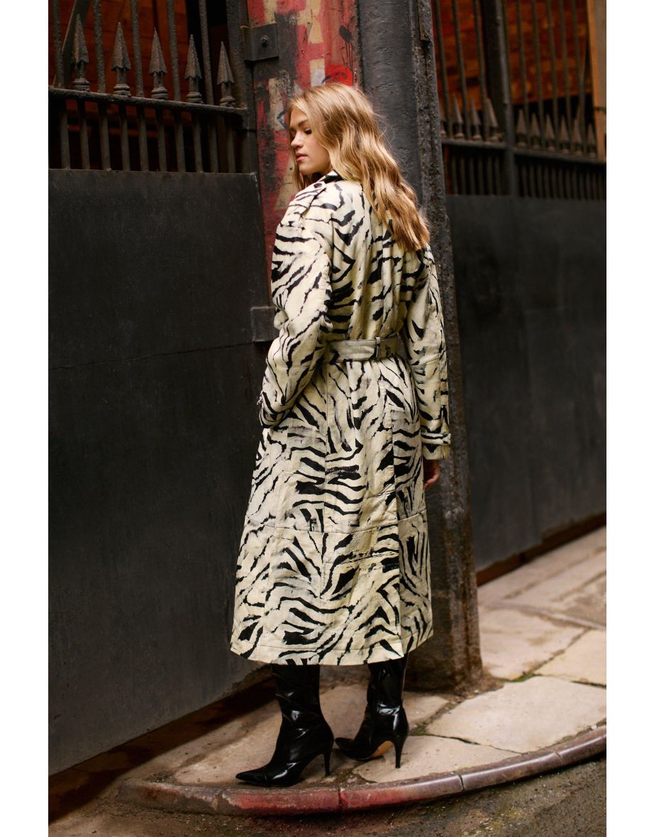 Zebra Print Real Leather Trench Coat - 3