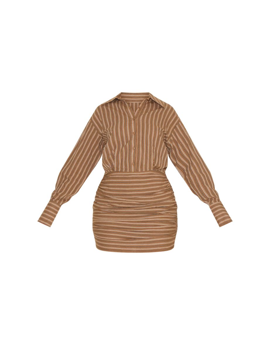 Shape Chocolate Striped Button Front Ruched Hem Shirt Dress - 4