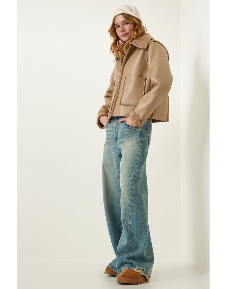 Beige Fur Collar Wide Pocket Faux Leather Jacket
