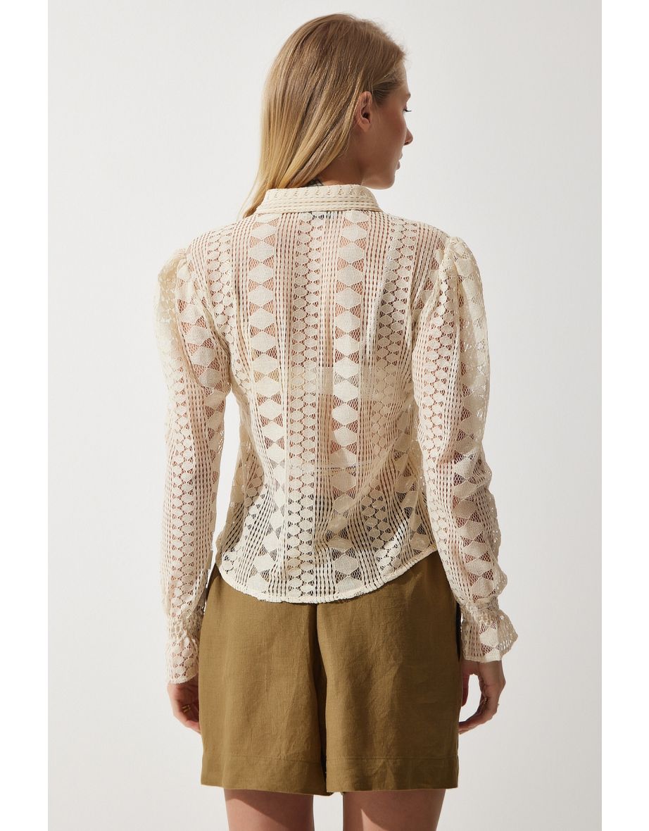 Women's Beige Lace Transparent Shirt - 7
