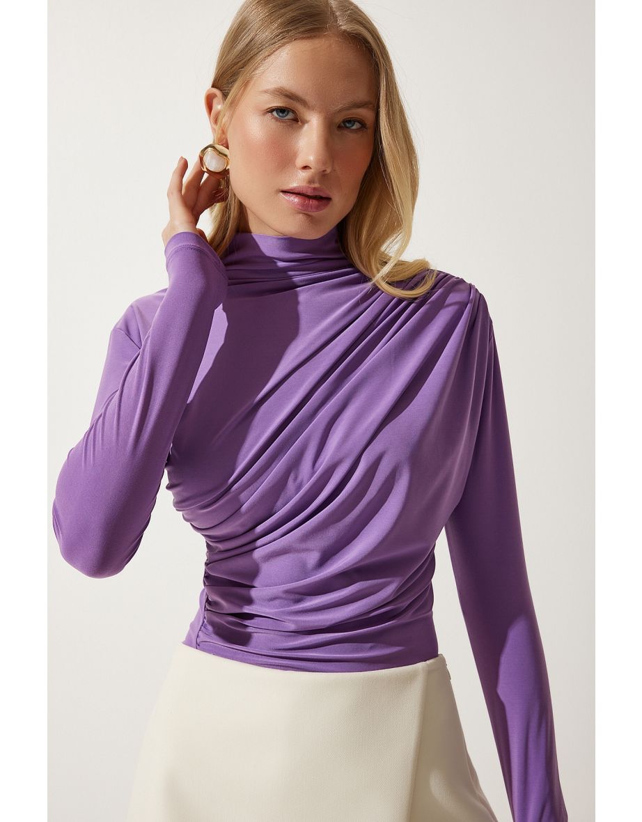 Women's Lilac Gathered Detailed High Neck Sandy Blouse