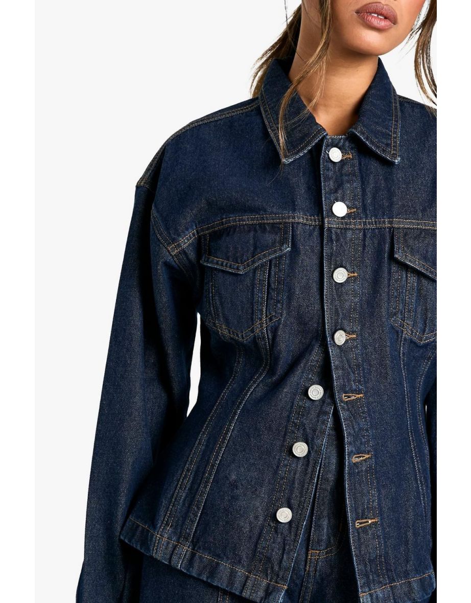 Cinched Waist Contrast Stitch Raw Indigo Denim Jacket - 3