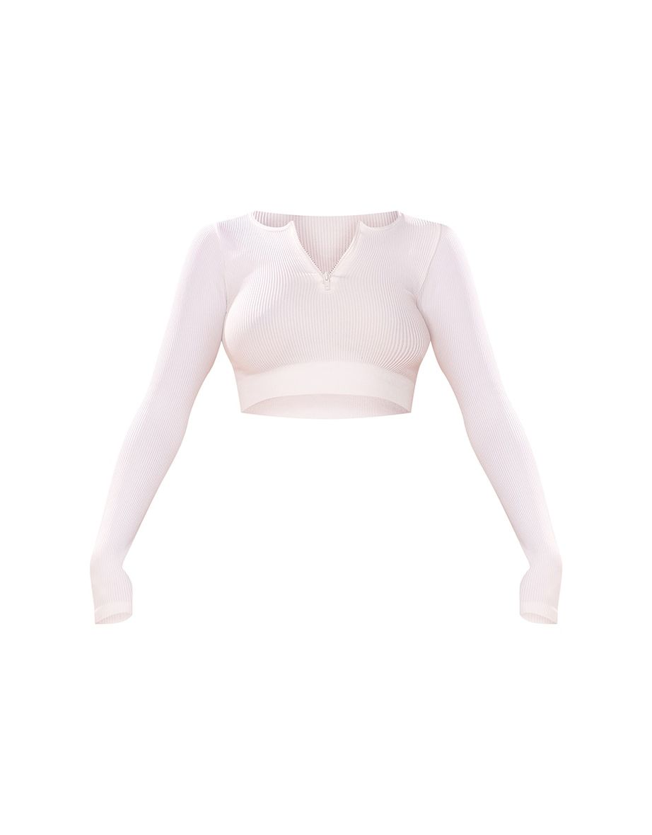 White Structured Contour Rib Zip Up Long Sleeve Crop Top - 4