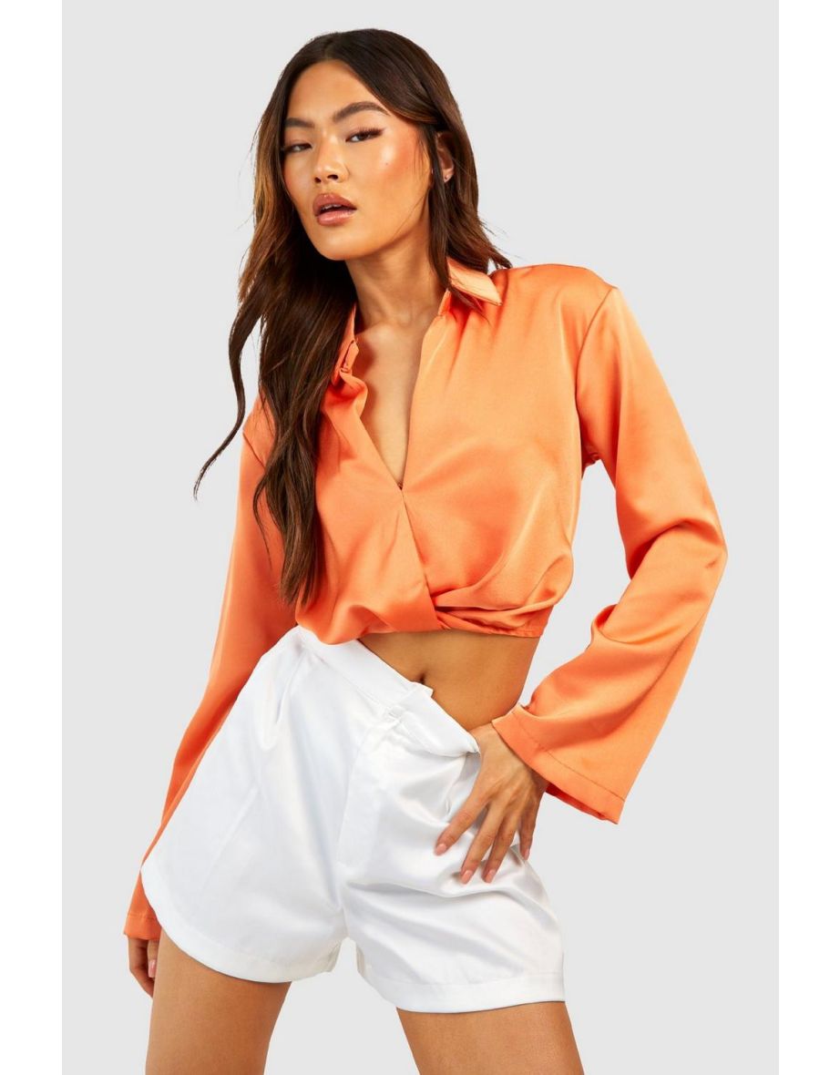 Satin Drape Front Shirt - orange - 3