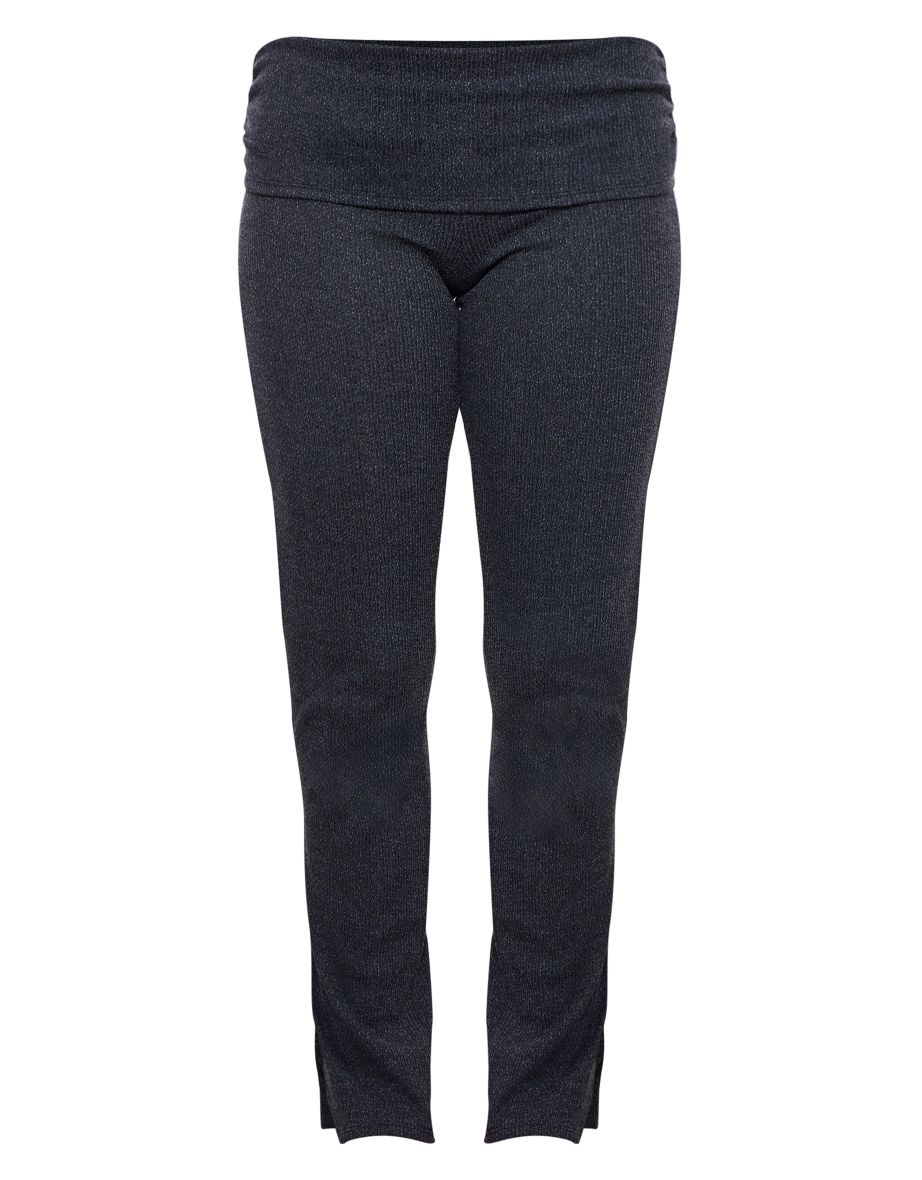 Black Textured Rib Jersey Fold Over Waistband Skinny Flared Trousers - 4