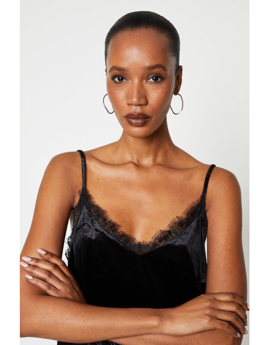 Velvet Lace Trim Cami Top - black - 3