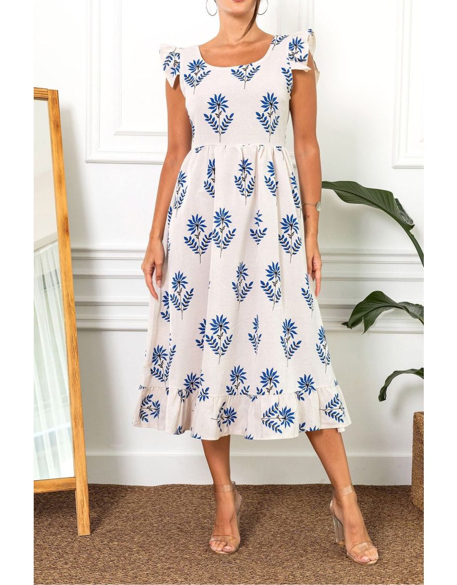 Women's Sax With Frill Sleeves and Zippered Back Long Dress