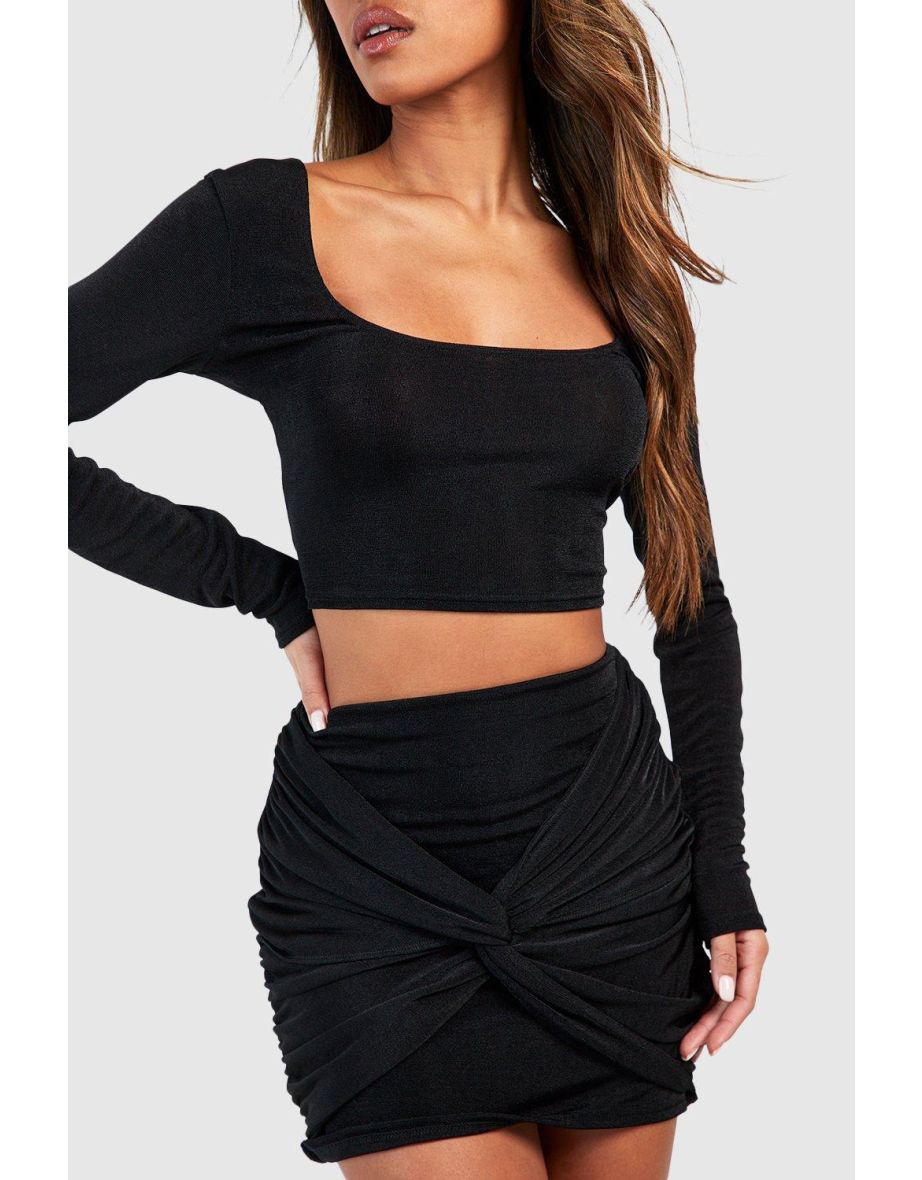 Acetate Slinky Square Neck Top & Knot Front Mini Skirt - black - 3