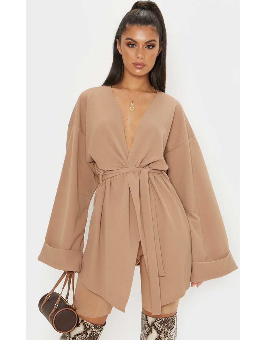 Camel Belted Oversized Sleeve Blazer