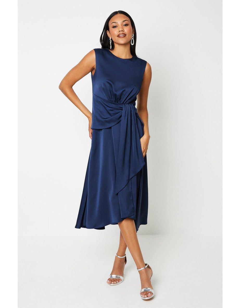 Sash Front Drape Skirt Satin Midaxi Dress