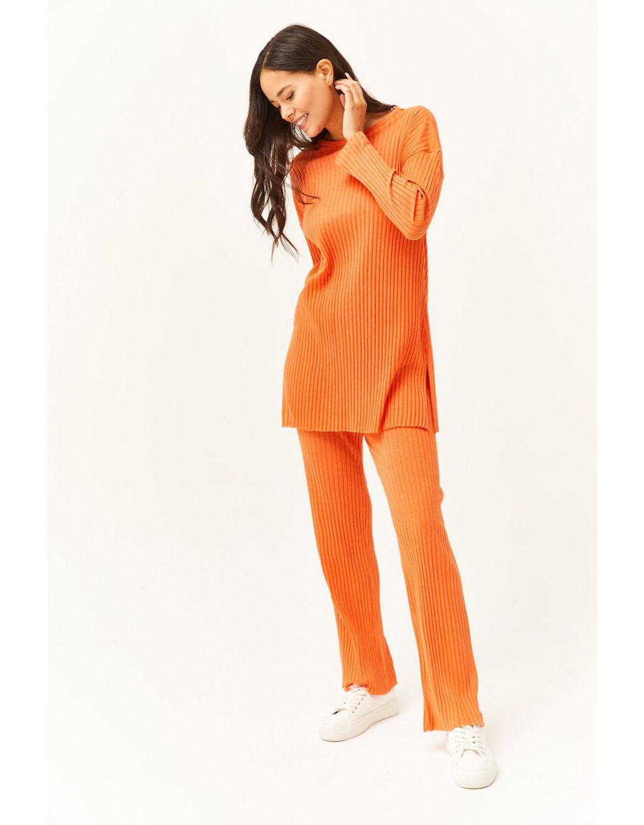 Women's Orange Top Slit Blouse Bottom Palazzo Ribbed Suit