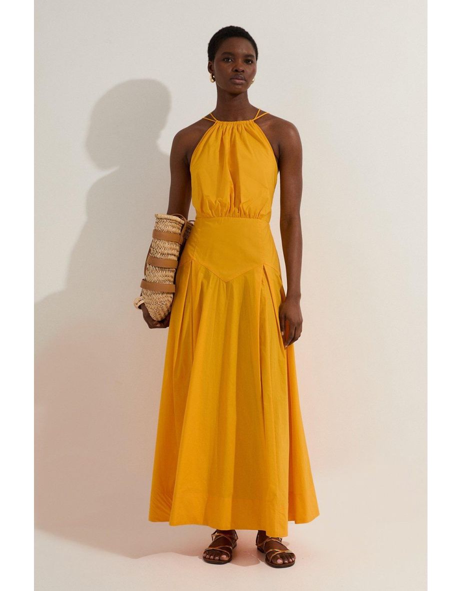 Cotton Halter Neck Woven Midi Dress With Dropped Waist Detail