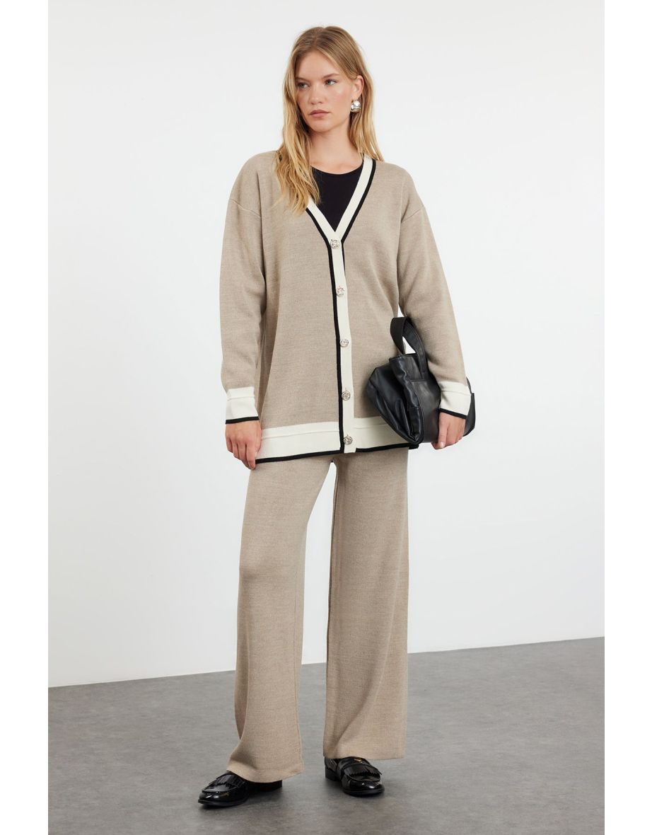 Mink Color Block Knitwear Cardigan Trousers Bottom-Top Set