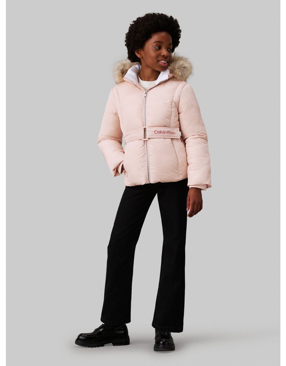 Calvin Klein Girls Classic Belted Fur Jacket in Pink