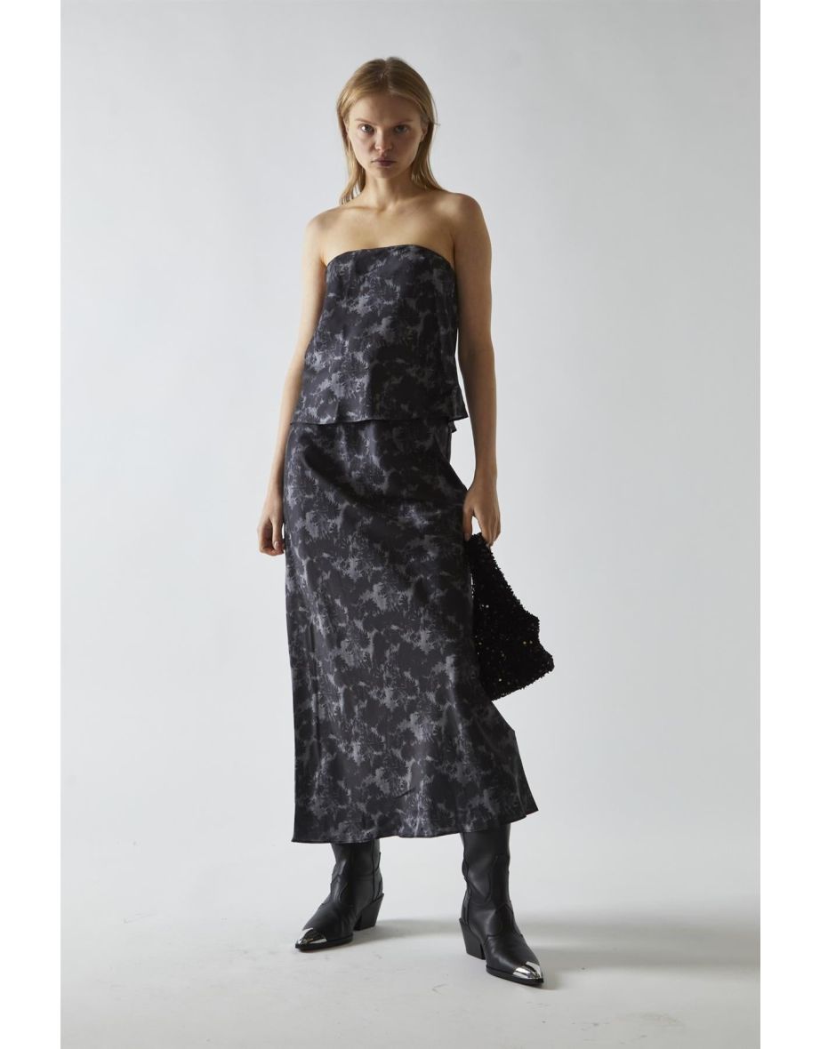 Charcoal Digital-Floral Midi Skirt