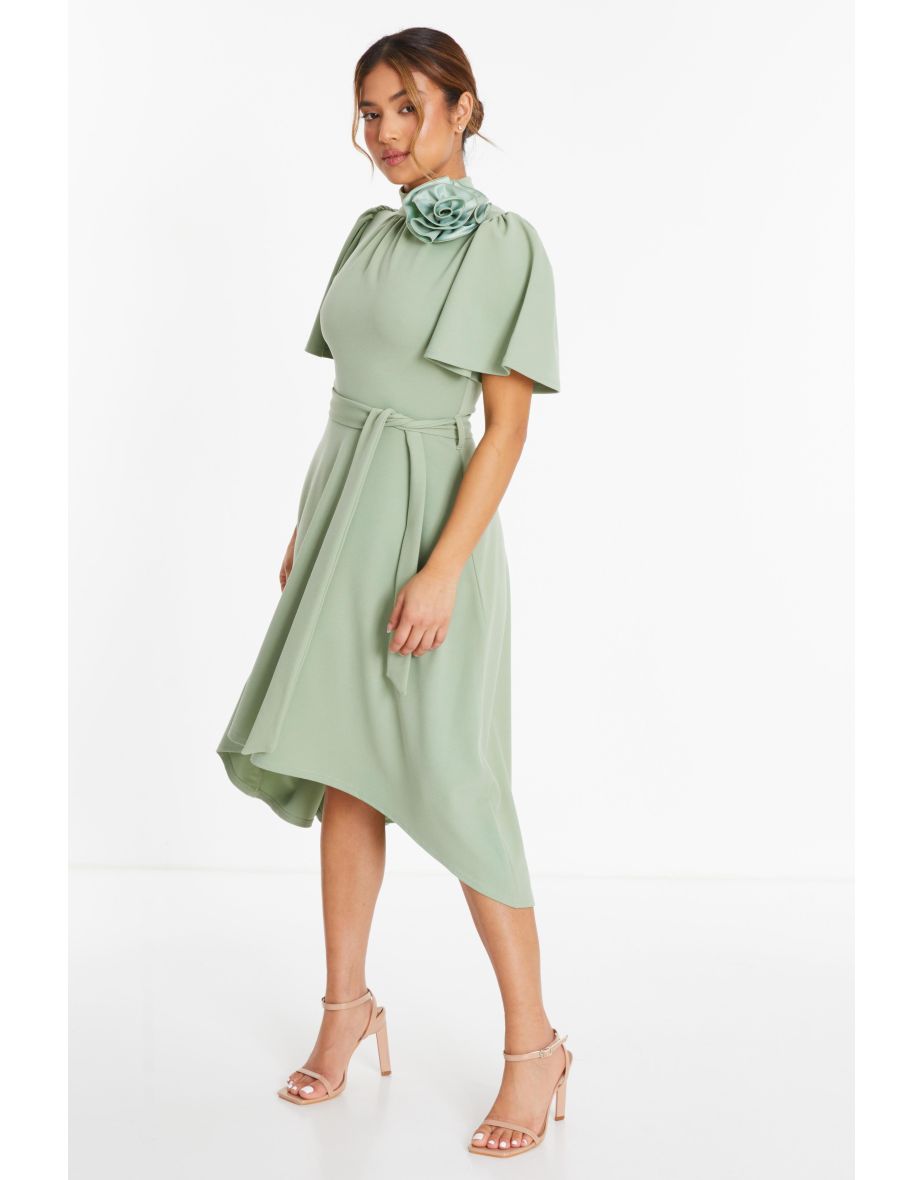 Shop Petite Sage Green Corsage Dip Hem Midi Dress Online in Oman VogaCloset