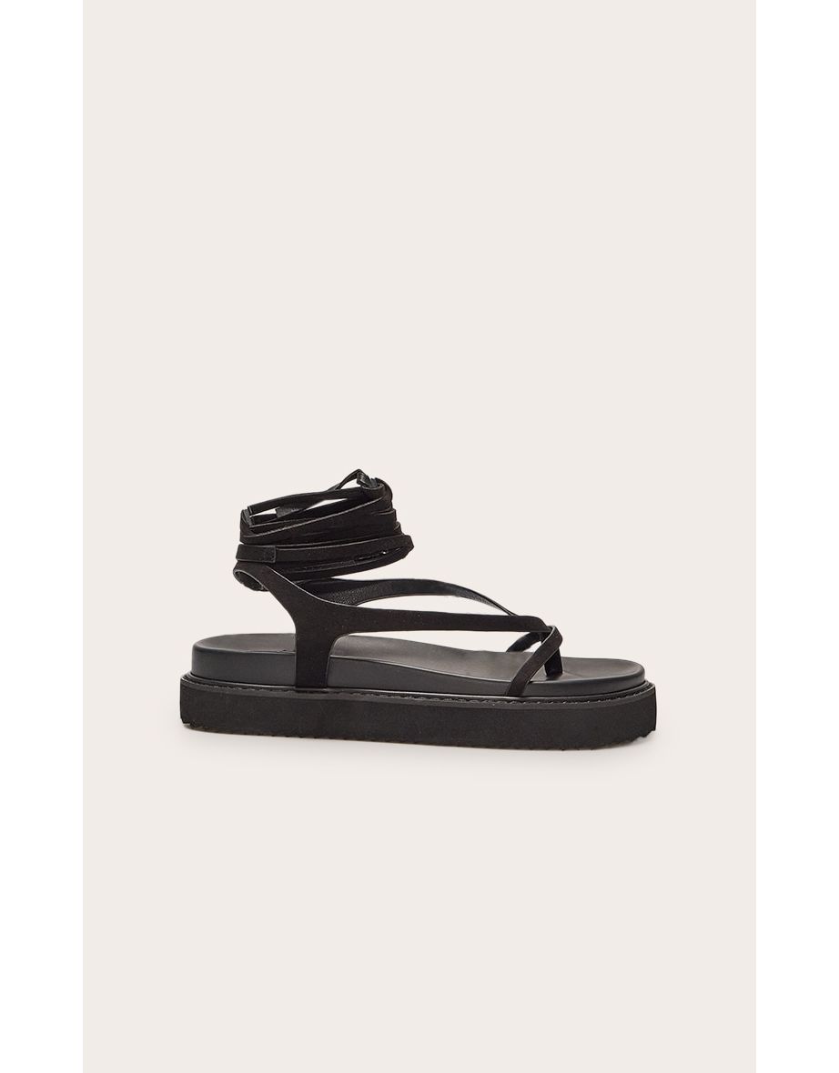 Black Wide Fit Faux Suede Round Toe Lace Up Footbed Sandals