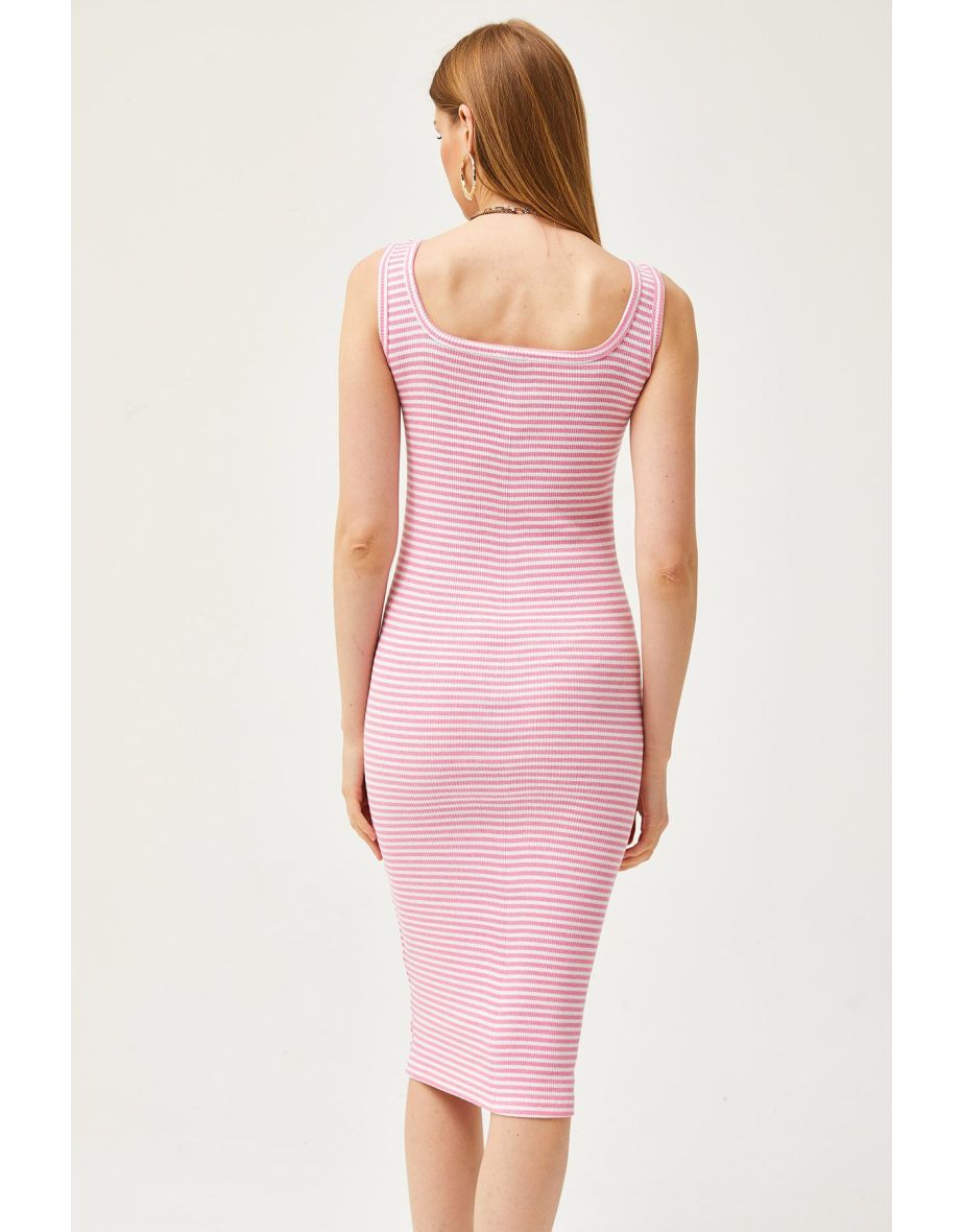 Women's Striped Pink Thick Strap Lycra Midi Dress - 5