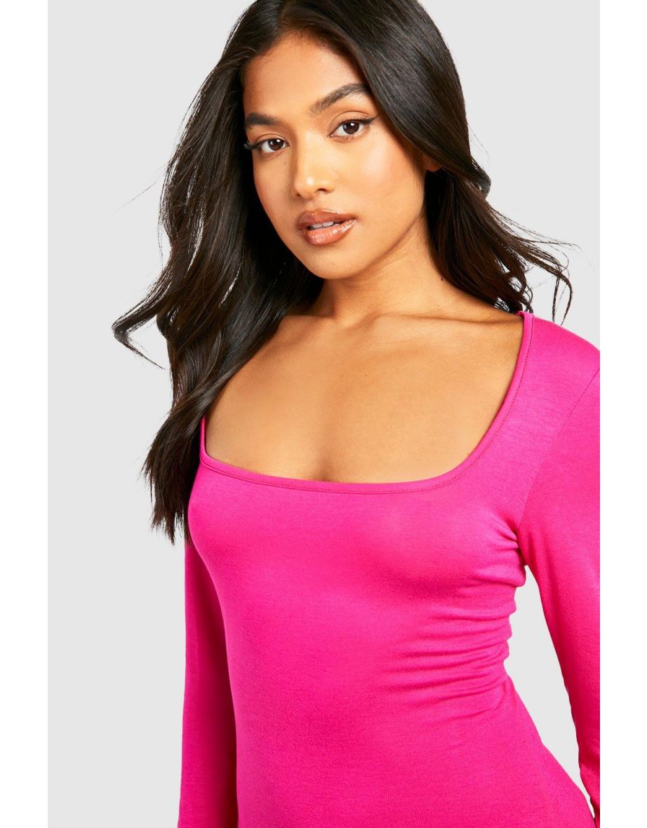 Petite Square Neck Long Sleeve Maxi Dress - hot pink - 3