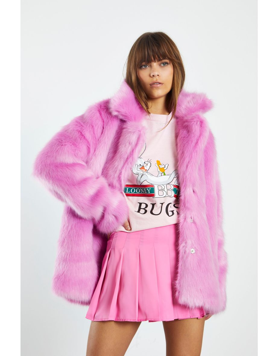 Shop Glamorous Hot Pink Faux Fur Coat with Lapel Collar Online in Bahrain VogaCloset