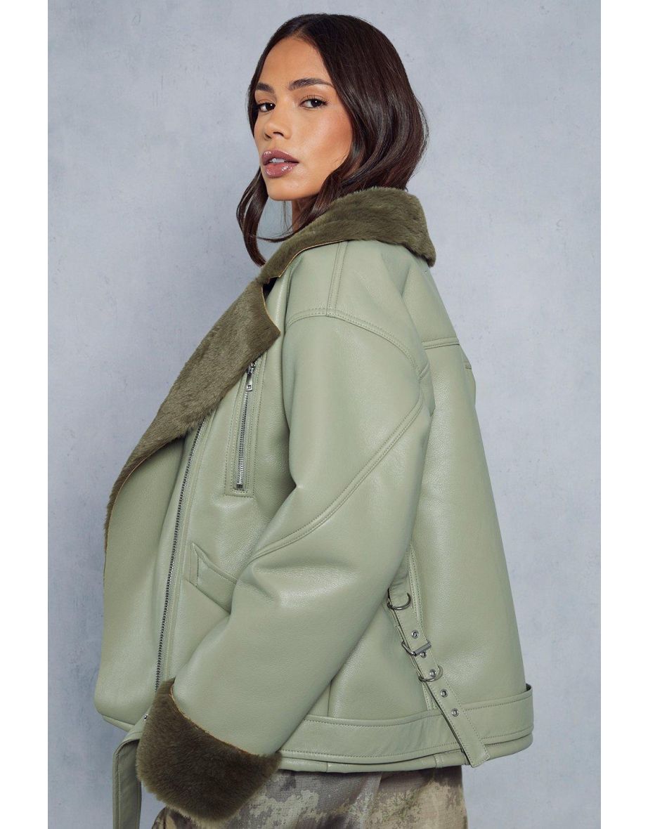 Fur Lined Oversized Leather Look Aviator Coat - 3