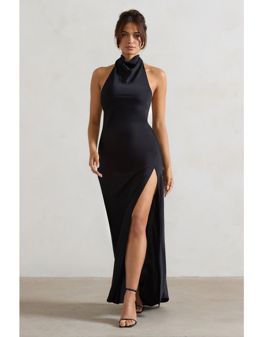Priero | Black Cowl Halter-Neck Open Back Floor Dress