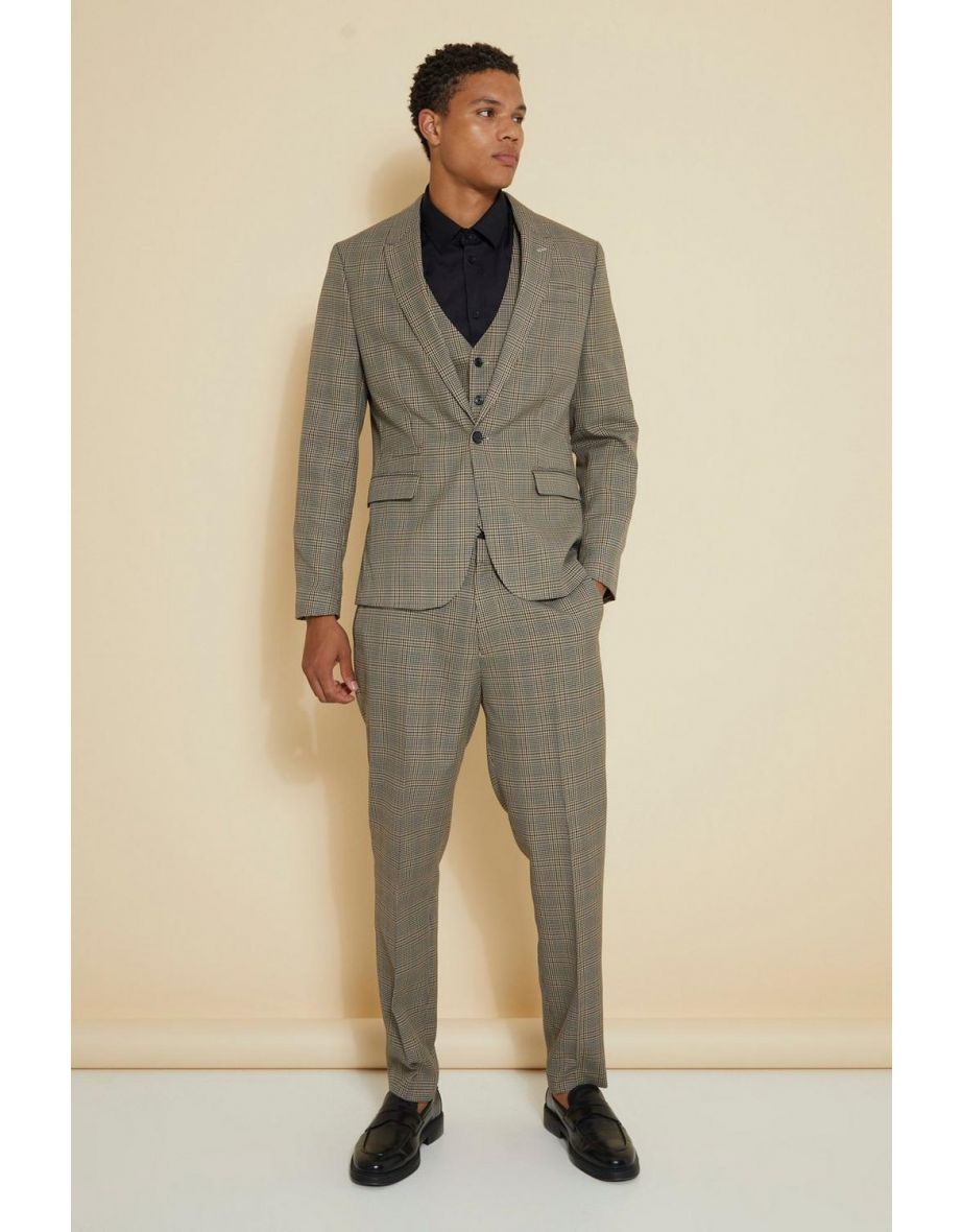 Slim Single Breasted Check Suit Jacket - brown - 2