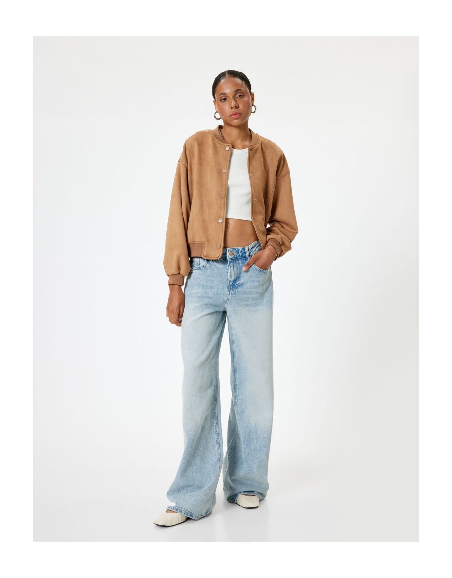 Bomber Jacket with Suede Look, Snap Buttons, Pocket Detail, Ribbed