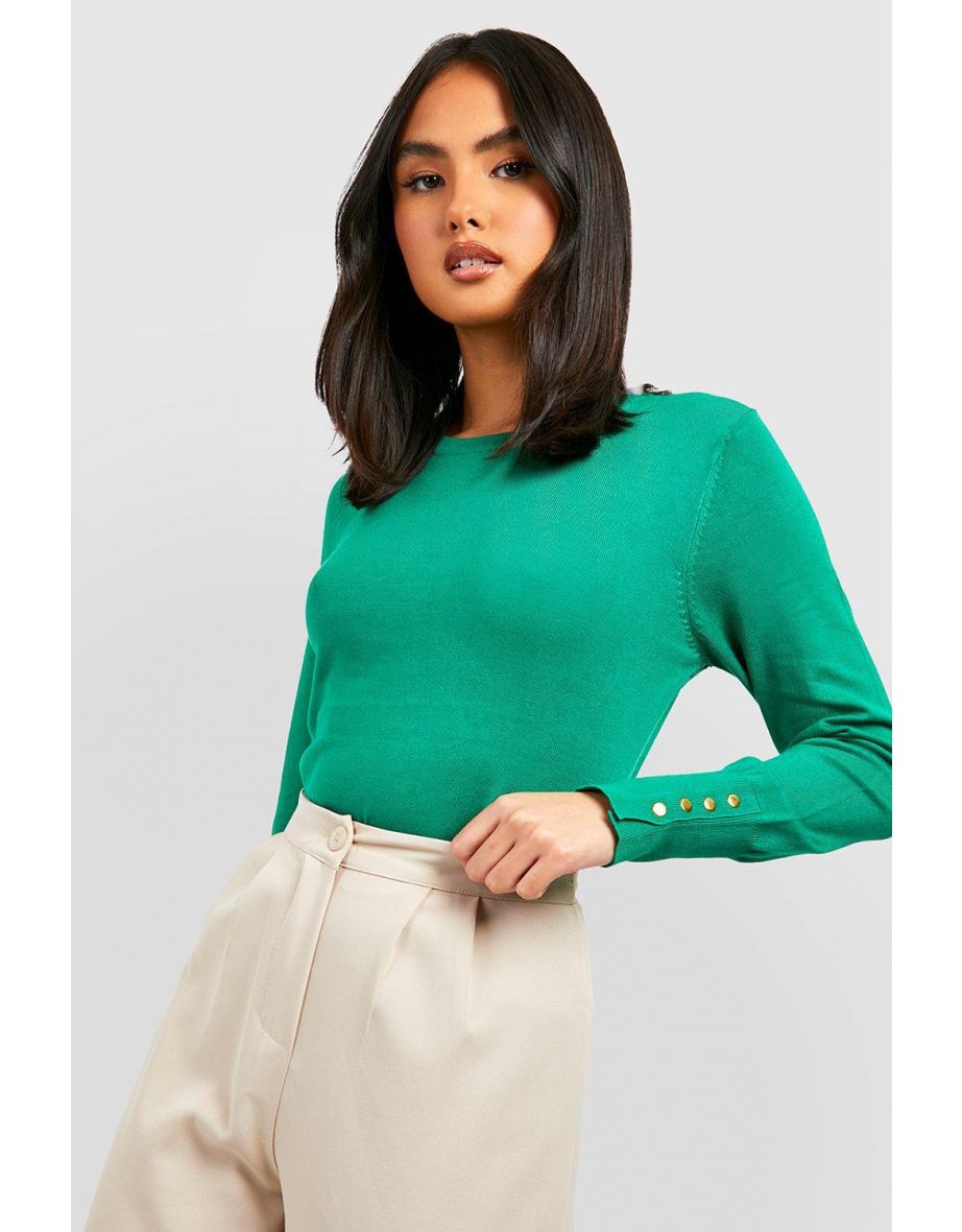 Gold Button Detail Fine Gauge Jumper - green