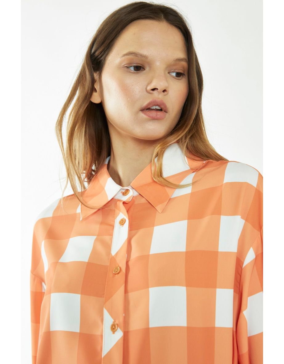 Orange-White Gingham Long-Sleeve Mini Shirt Dress - 3