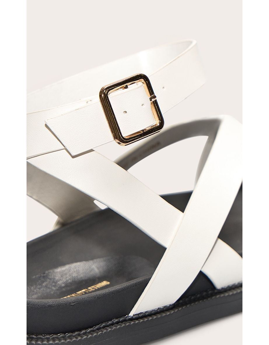 White Pu Round Toe Ankle Strap Footbed Sandals - 4