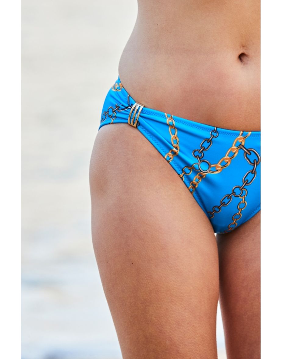 The Perfect Blue Chain Print Bikini Bottoms With Gold Detail - 4