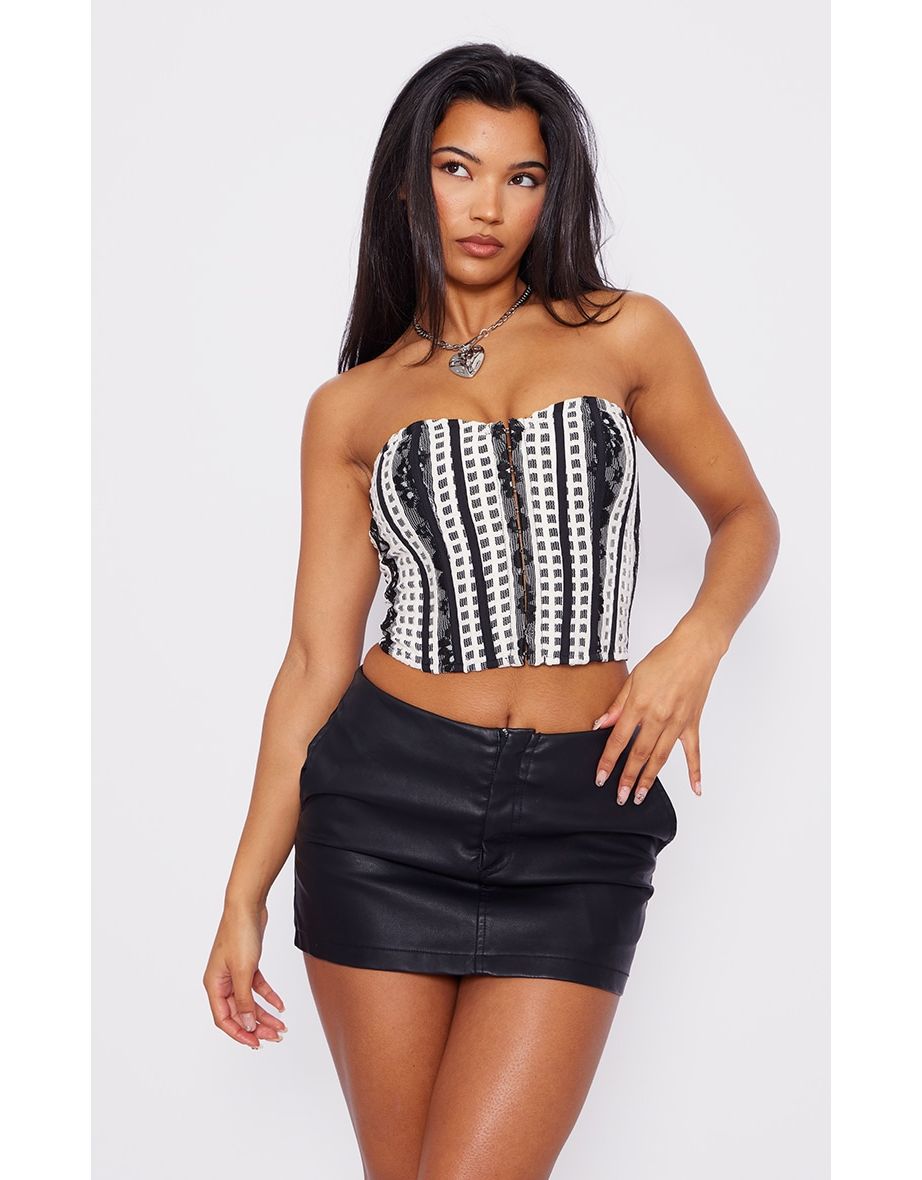 Black Textured Contrast Check Hook And Eye Corset