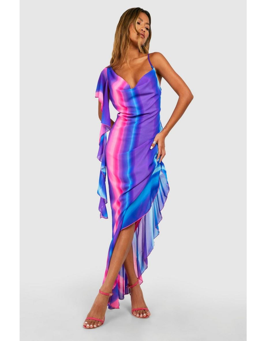 Ombre Print Ruffle Cowl Neck Midaxi Dress - blue