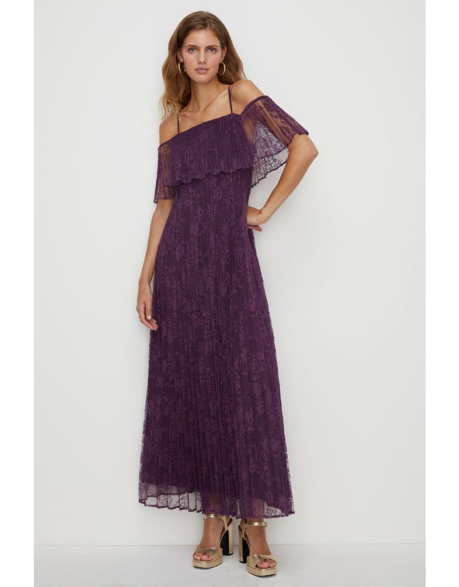 Pleated Strappy Tiered Lace Maxi Dress