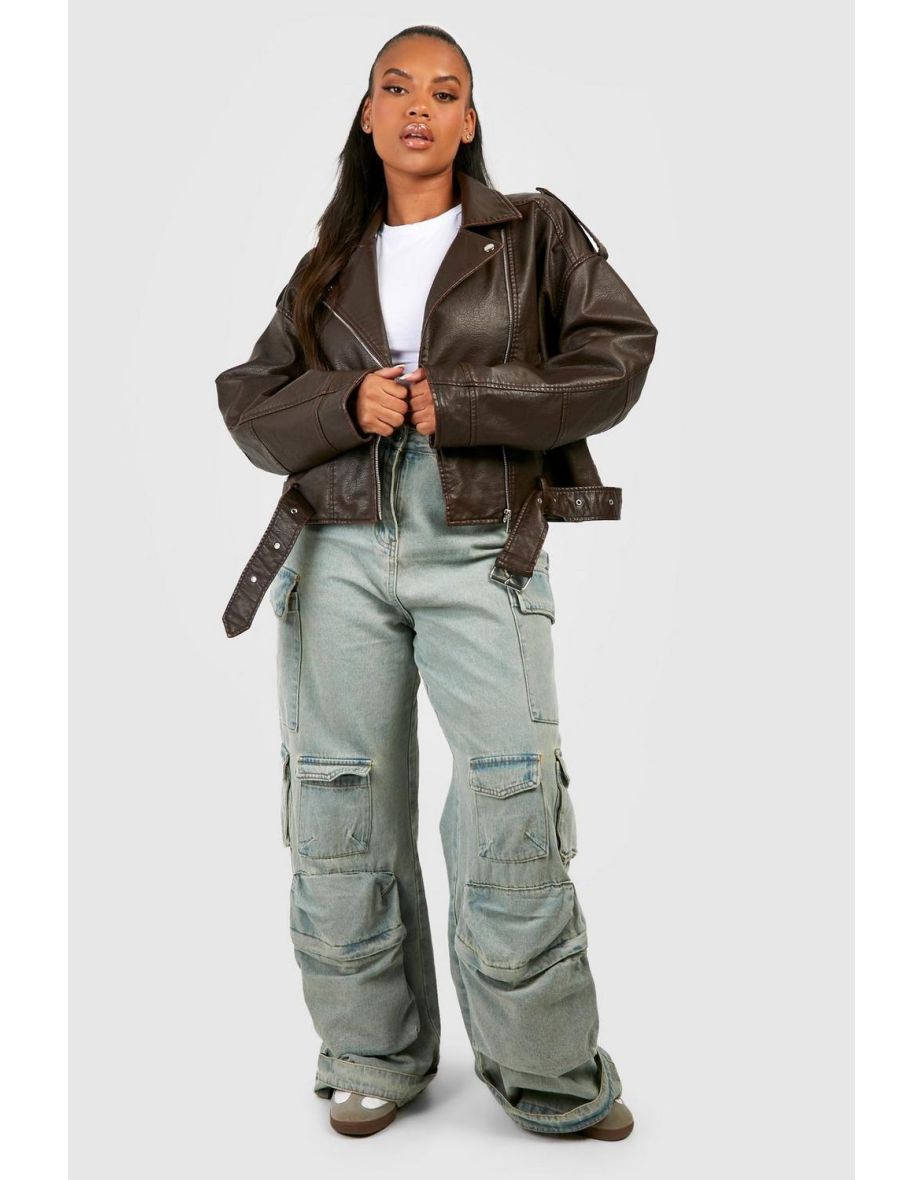 Plus Vintage Faux Leather Crop Biker Jacket - brown