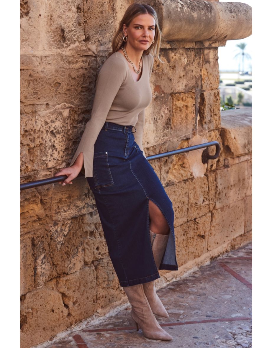 Taupe Asymmetric Fluted Sleeve Fine Knit Top