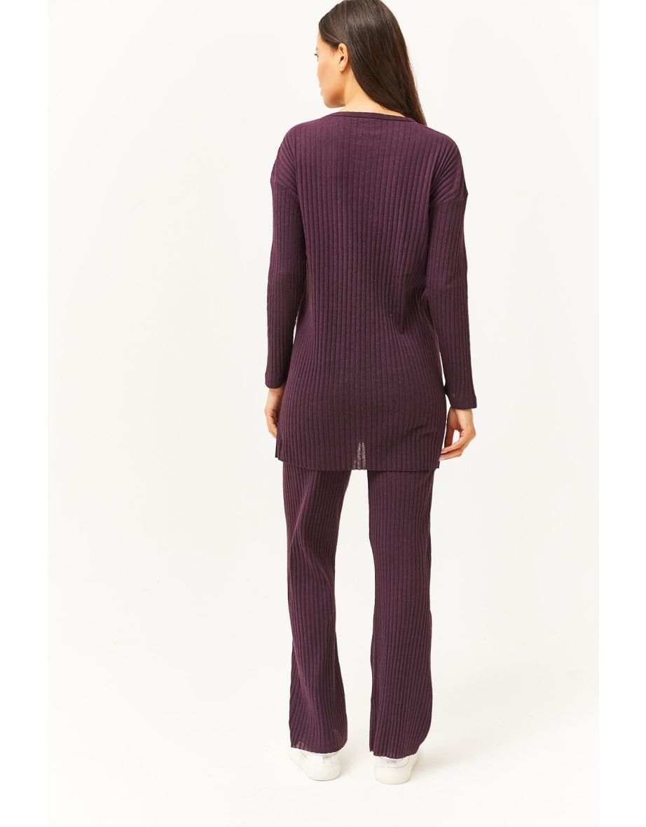 Women's Damson Top Slit Blouse Bottom Palazzo Ribbed Suit - 4