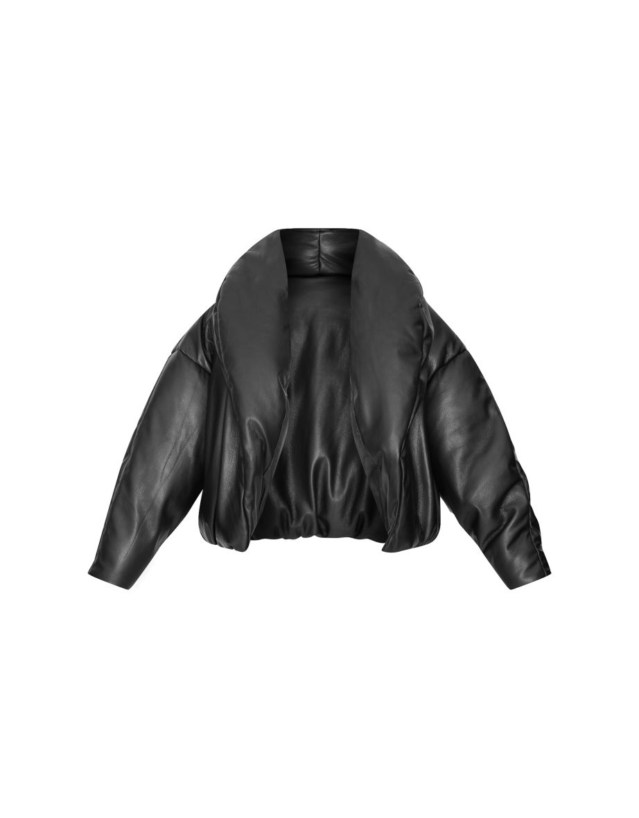 Petite Black Exaggerated Collar PU Puffer - 4